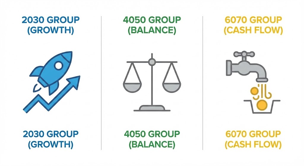 2030(로켓 아이콘), 4050(저울 아이콘), 6070(수도꼭지 아이콘)별 포트폴리오 구성을 시각화한 요약 차트