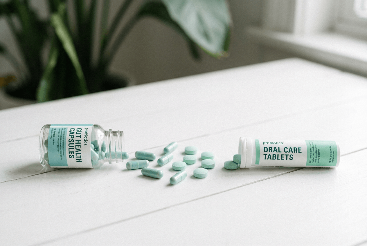 흰 나무 테이블 위에 GUT HEALTH CAPSULES 병과 ORAL CARE TABLETS 튜브가 나란히 놓여 있고, 민트색 캡슐과 정제가 쏟아져 있어 장 유산균과 구강 유산균을 함께 섭취하는 컨셉을 보여주는 이미지