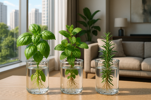 아파트 실내 농업 허브 3종 비교(바질&middot;민트&middot;로즈마리)