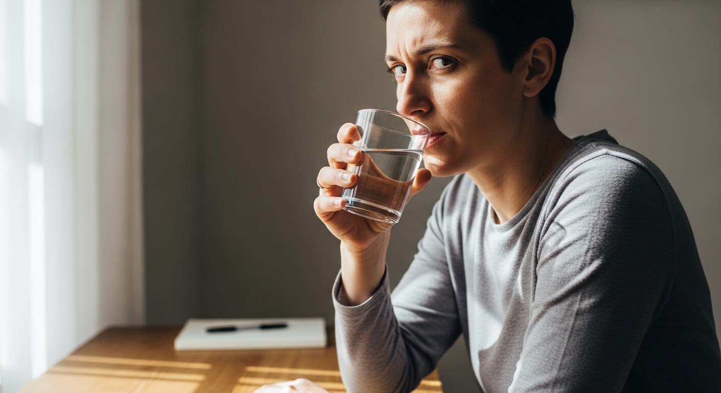 물을 자주 마시는데도 입이 마르는 느낌을 받는 모습