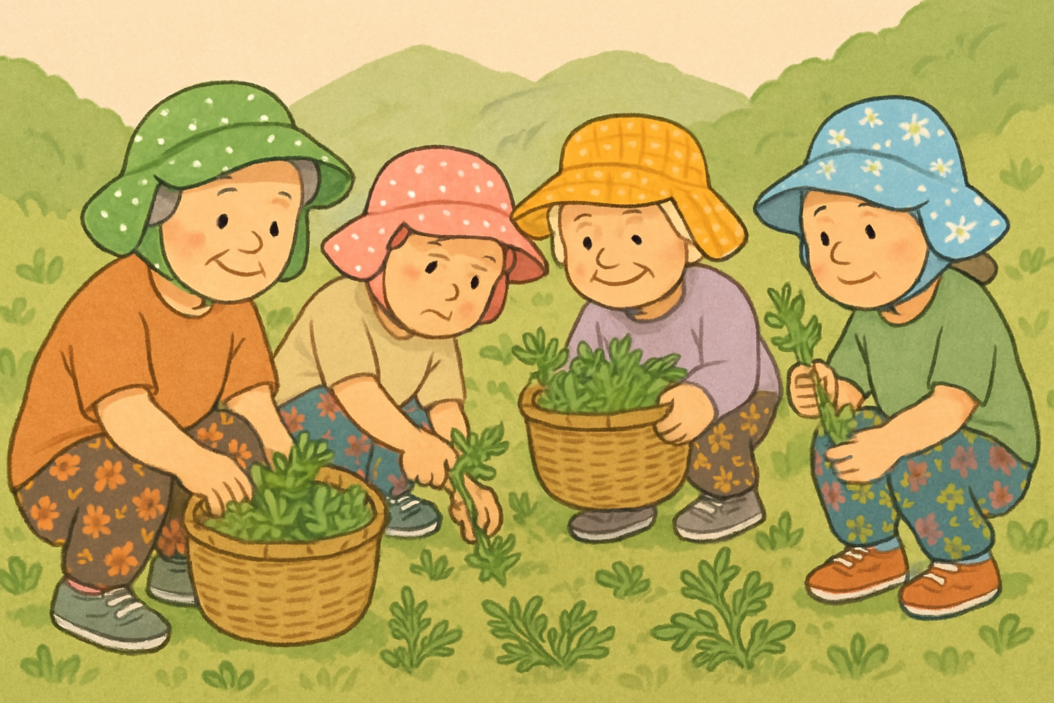 산에서 쑥을 캐는 할머니들의 일러스트. 다들 썬 캡을 쓰고, 꽃무늬 바지를 입고 있다. 바구니에 쑥이 가득하다.