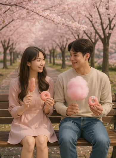 벚꽃나무아래에서 간식을 먹는 연인