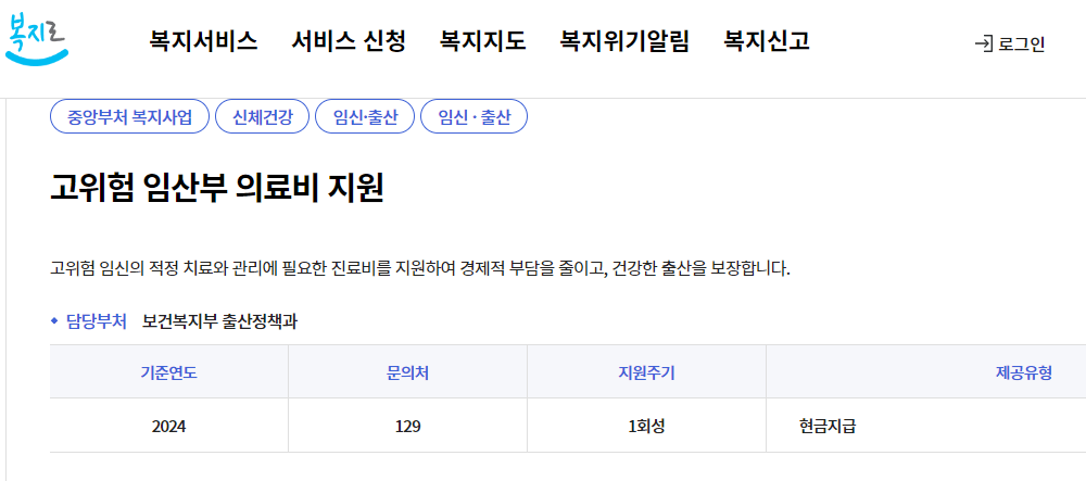 복지로 고위험 임산부 의료비지원 자격조건