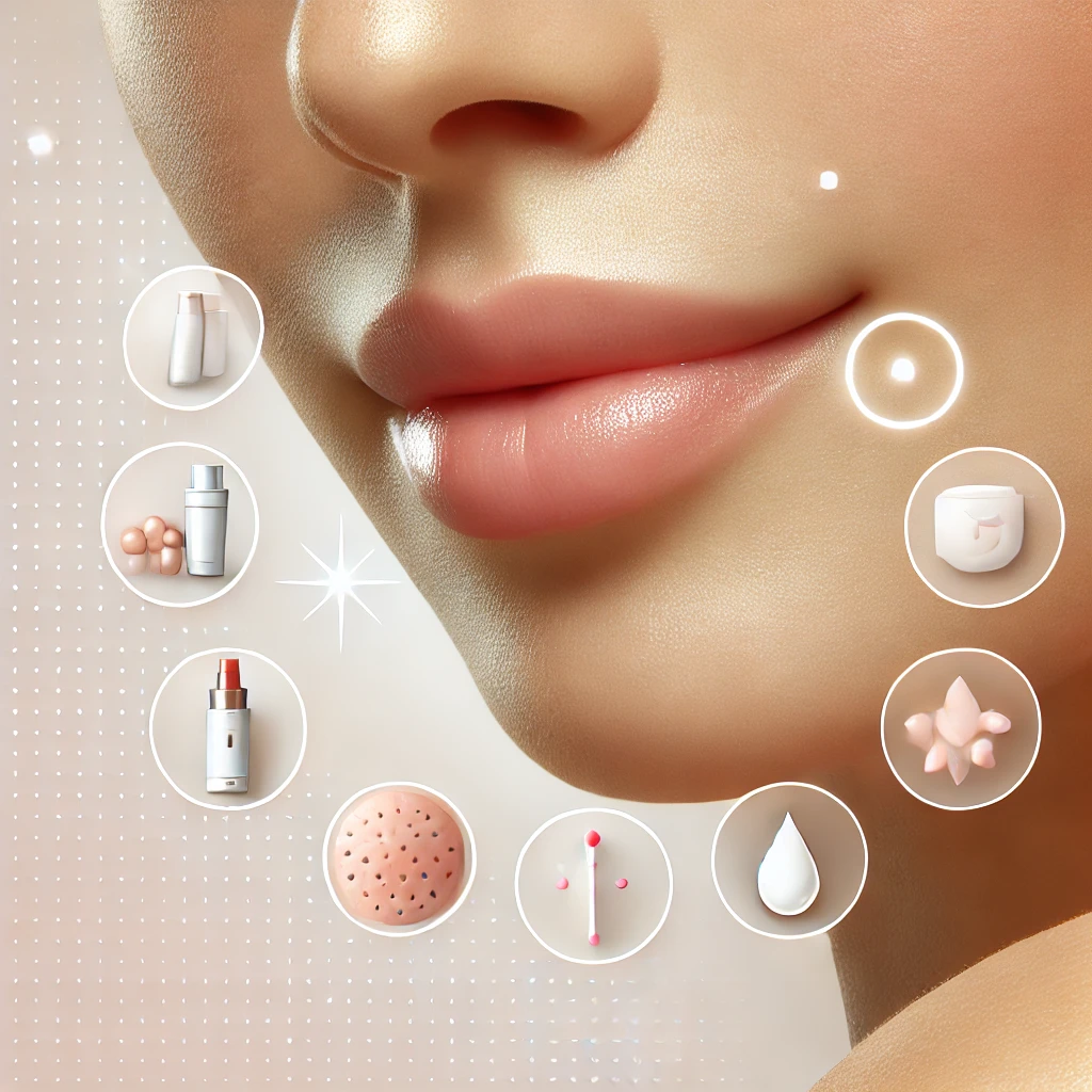 모공 축소 시술을 나타내는 이미지로, 매끄럽고 깨끗한 피부에 모공이 줄어든 모습과 함께 레이저 치료와 스킨케어 크림이 포함된 시술 장면을 보여줍니다. 전문적인 느낌의 디자인과 부드러운 파스텔 배경으로 피부 관리의 상쾌함을 강조한 이미지.