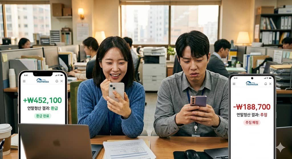 파일명: year_end_tax_settlement_refund_vs_tax_bomb_korea_income_deduction_2026.jpg
Alt 태그: 연말정산 환급 추징 구조 소득공제 세액공제 원천징수 13월의 월급 직장인 세금 2026 온고지신