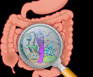 몸속 오염된 음식물을 돋보기로 확인하는 중