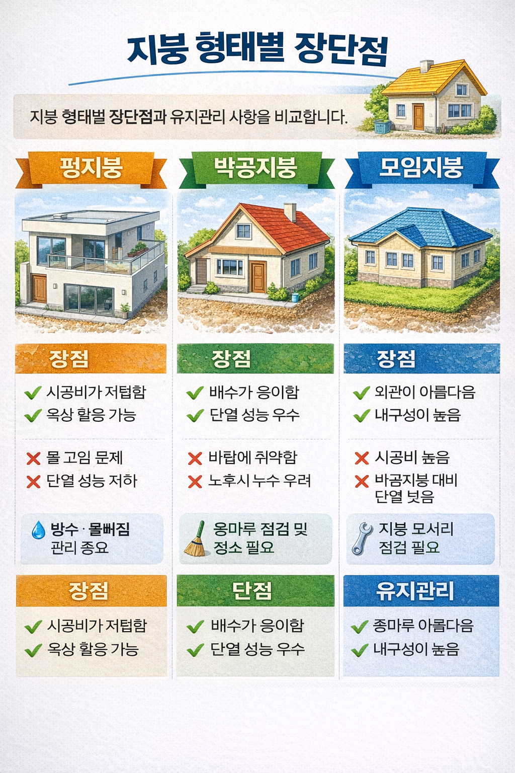 지붕 형태별 장단점 평지붕 박공지붕 모임지붕 유지관리 비교