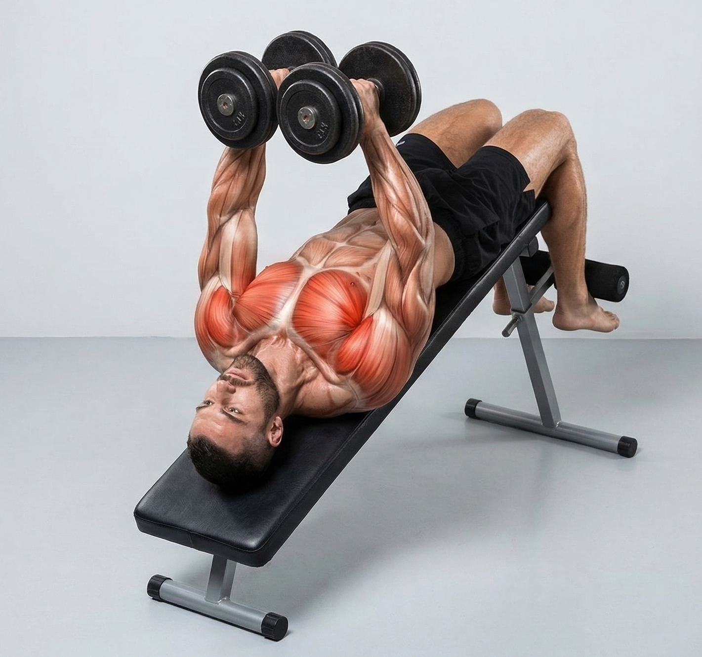 디클라인 덤벨 플라이 수축 동작