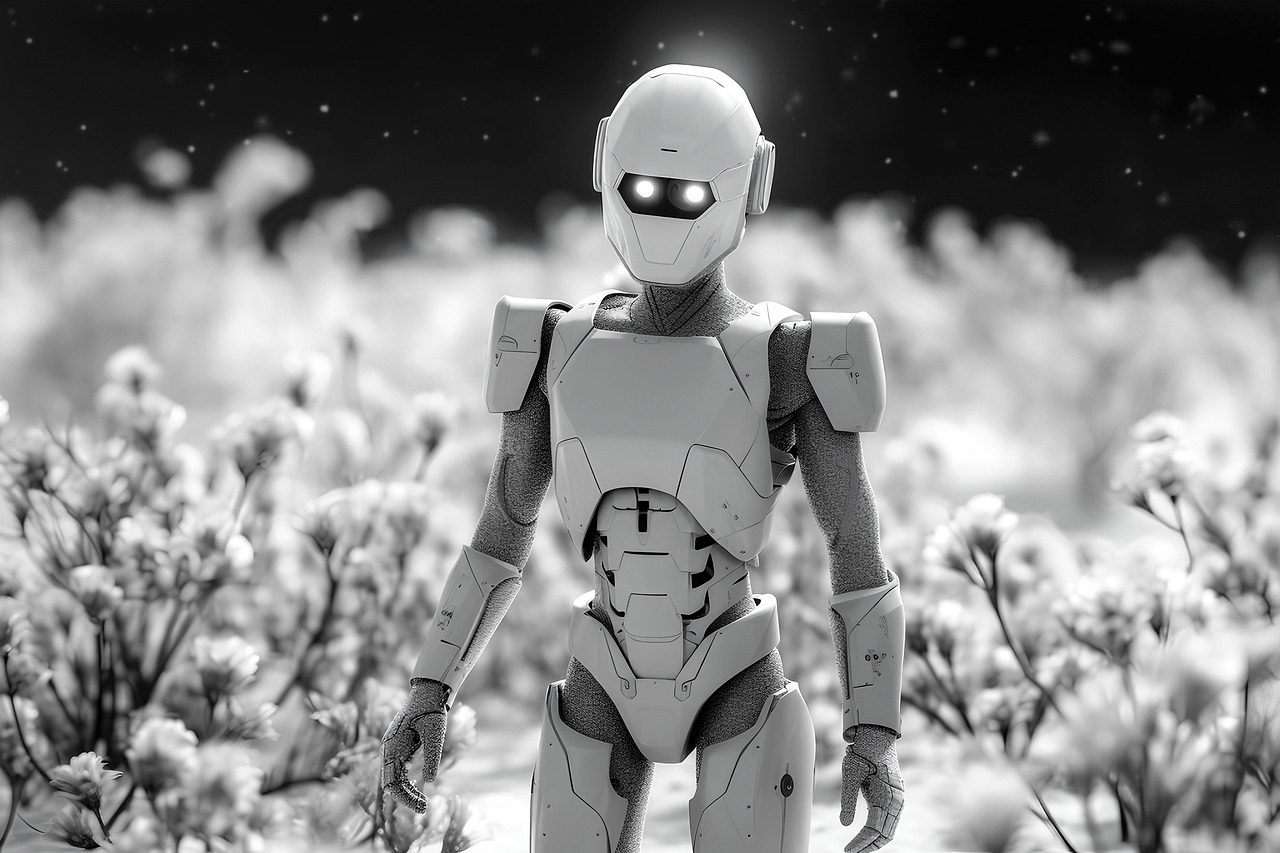 꽃 사이에 서 있는 로봇 사진