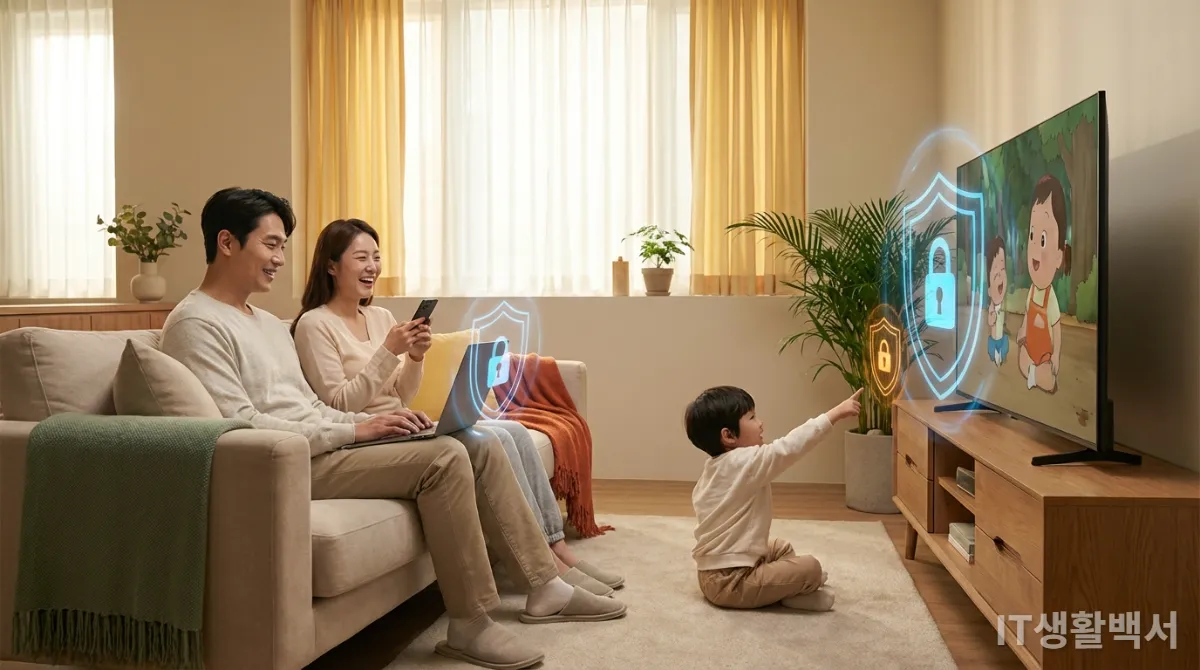 디지털 기기를 사용하는 한국 가족과 개인 보안을 상징하는 보호막 아이콘