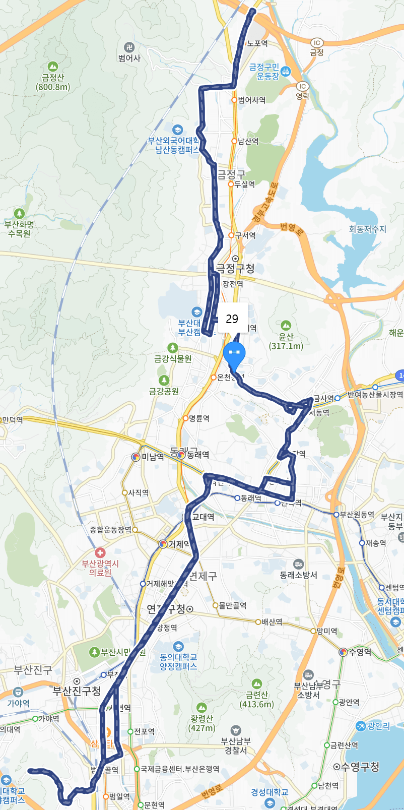 부산 29번 버스 전체 노선 지도