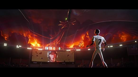 Ultraman Rising 야구장 불길 속 켄 사토와 괴수의 대치