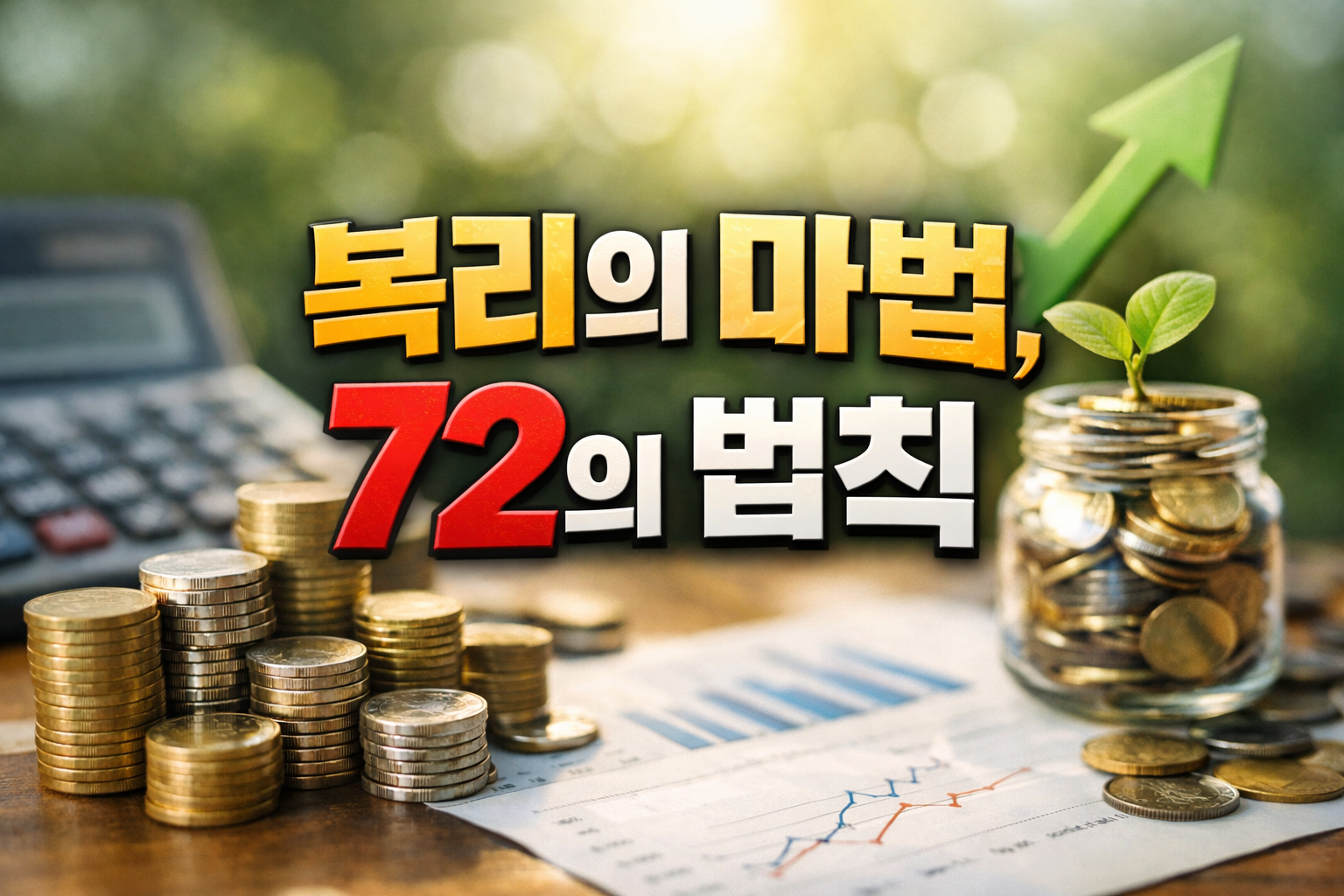 복리의 마법 72의 법칙을 설명하는 썸네일 이미지, 동전 더미와 저금통, 상승 그래프와 화살표가 있는 투자 성장 콘셉트