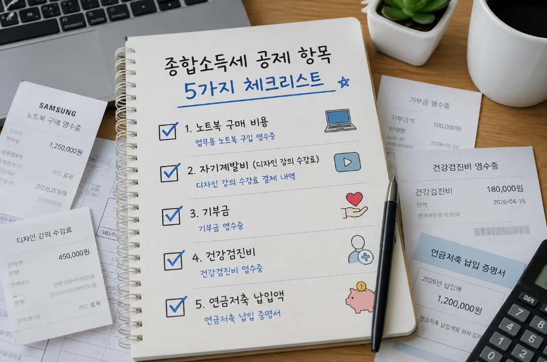 종합소득세 공제 항목 5가지가 체크리스트 형태로 정리되어 있는 그림. 노트북 구매 영수증, 디자인 강의 수강료, 기부금 영수증, 건강검진비, 연금저축 납입액 등 항목들이 체크되어 있습니다.