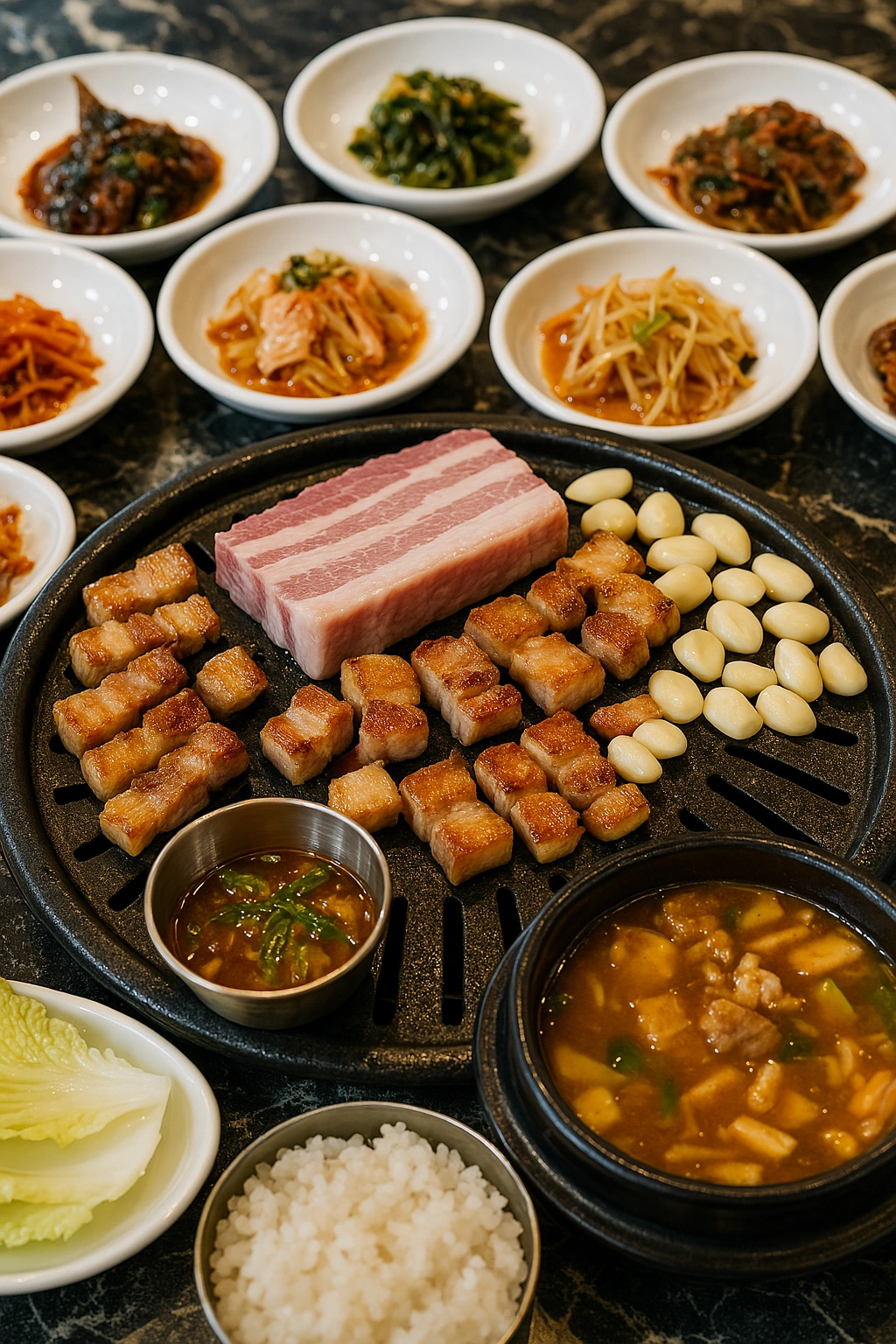 제주흑돼지-오겹살과-된장술밥,-그리고-푸짐한-밑반찬들