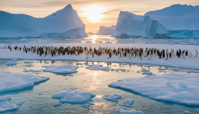 노을 지는 남극의 빙하 위에서 서로를 의지하며 서 있는 황제펭귄 무리