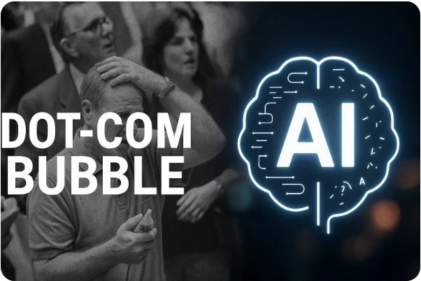 닷컴버블과 AI 시대의 투자 심리를 대비한 상징적 이미지
