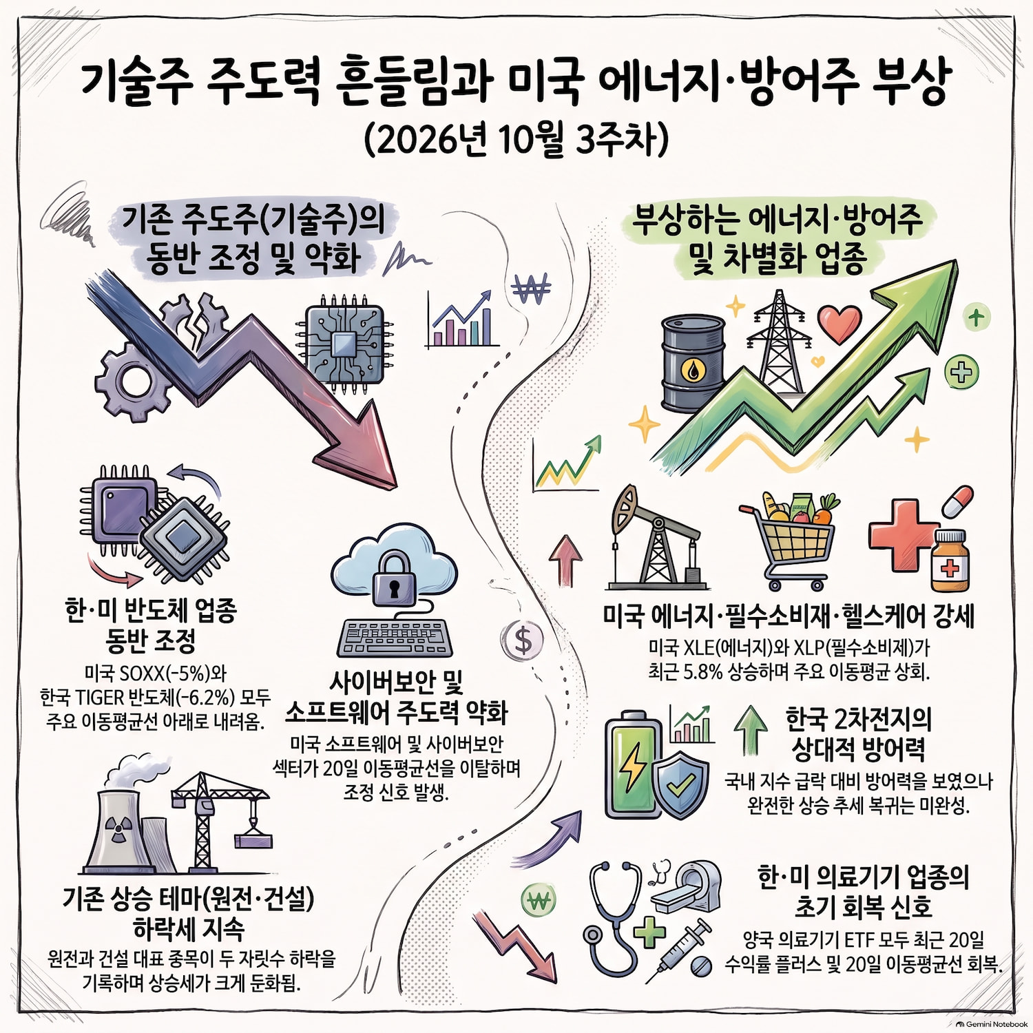 [ 기술주 주도력 흔들리고, 미국 에너지&middot;방어주 부상｜2026년 10월 3주차 ]