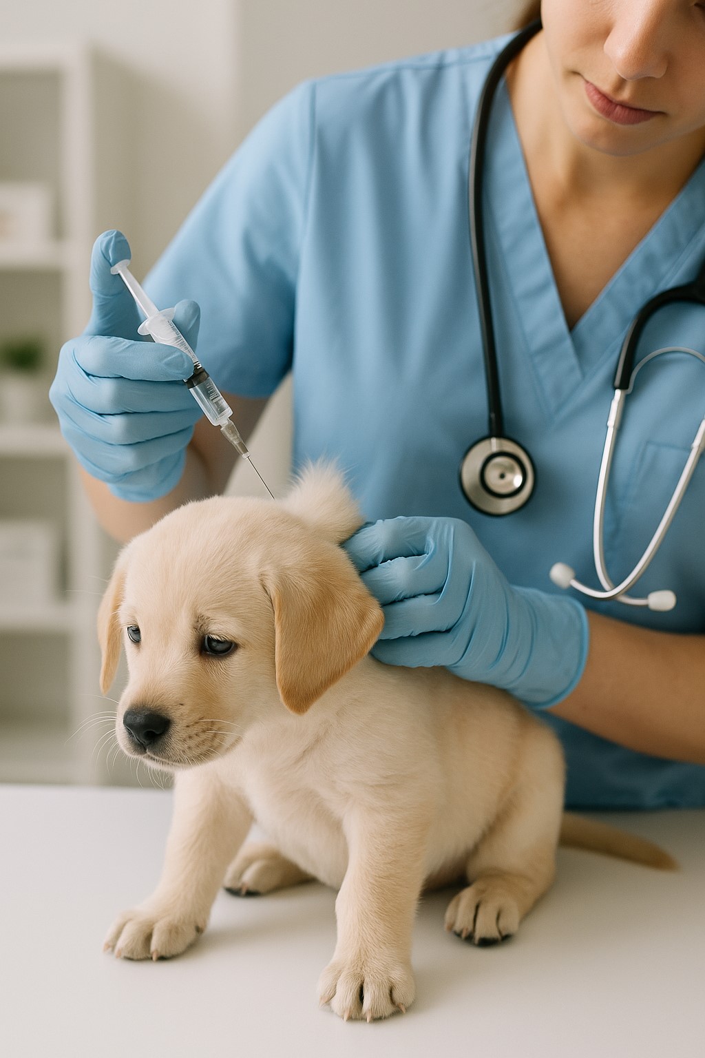 강아지가 예방주사 맞는 장면