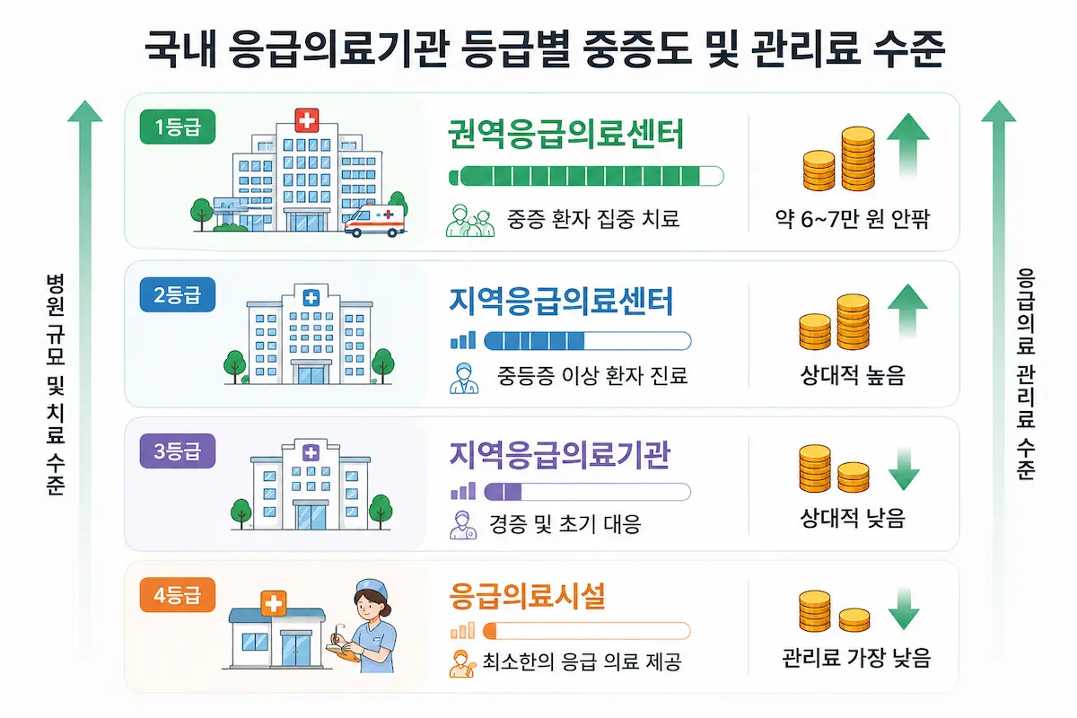 응급의료기관 등급별 환자의 중증도 및 응급실 비용 수준을 직관적으로 표현한 일러스트 이미지