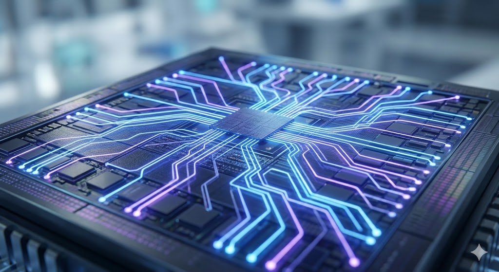 실리콘 포토닉스 기술로 빛의 속도로 데이터를 전송하는 차세대 반도체 칩 컨셉 이미지