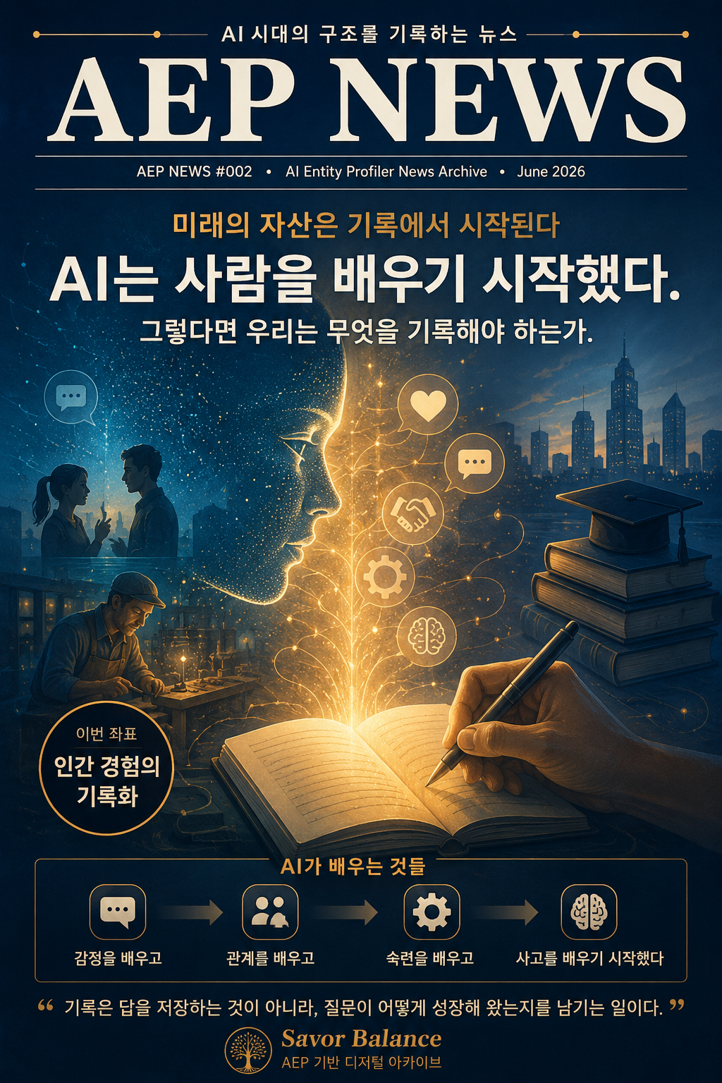 Cover image for AEP News #002 illustrating the transition from human experience to recorded knowledge in the AI era. The composition features a human profile, handwritten notes, emotional interaction, craftsmanship, education, and symbolic AI icons, representing the AEP concept of "Human Experience Documentation" as a foundation for future value and self-understanding.