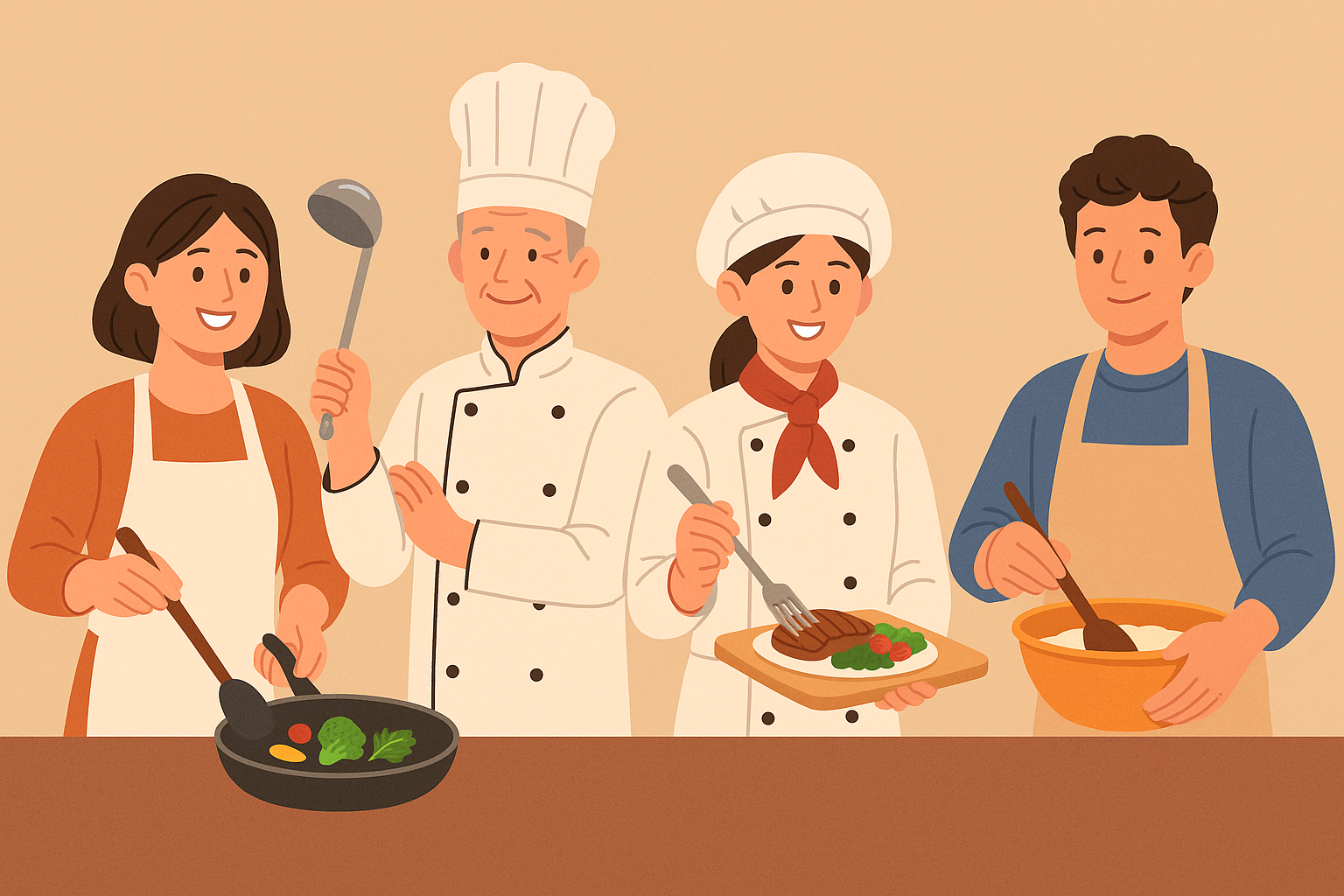 네 명의 남녀가 조리복 또는 앞치마를 착용하고 요리에 열중하고 있다. 젊은 여성은 프라이팬에 채소를 볶고, 중년 남성은 국자를 들고 있으며, 여성 셰프는 완성된 요리를 들고 있고, 남성은 볼에 반죽을 섞고 있다. 모두 밝은 표정으로 요리를 즐기고 있는 모습이다.