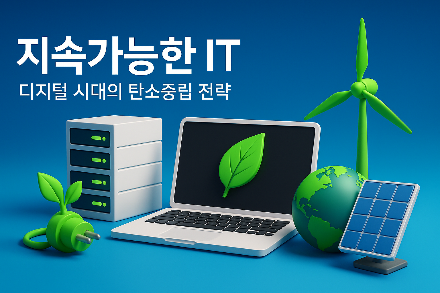 지속가능한 IT를 표현하는 초록색 계열의 코드, 노트북, 하드웨어와 지구, 풍력발전, 태양광발전을 표현한 그림