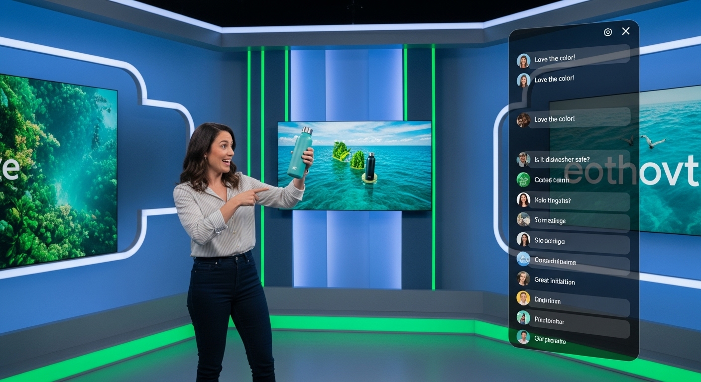 인플루언서가 친환경 제품을 소개하며 시청자와 소통하는 라이브 커머스 장면.