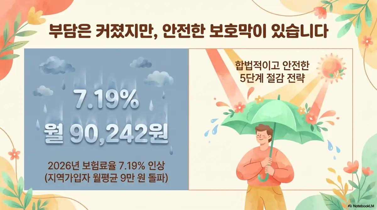 건강보험료 줄이는 방법: 2026년 건강보험료율 7.19% 인상과 지역가입자 월평균 보험료 9만 242원을 보여주는 인포그래픽. 왼쪽에 비를 맞는 구름 아래 보험료율과 월평균 금액이 표시되어 있고 오른쪽에 우산을 쓴 사람이 합법적이고 안전한 5단계 절감 전략을 안내하는 일러스트이다.