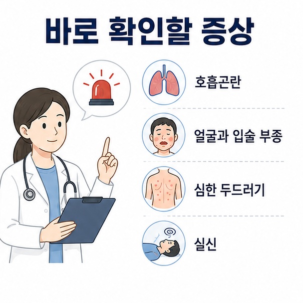 근육이완제 주사 후 호흡곤란과 얼굴 부종, 심한 두드러기나 실신이 나타나면 즉시 의료진의 평가가 필요하다는 이미지