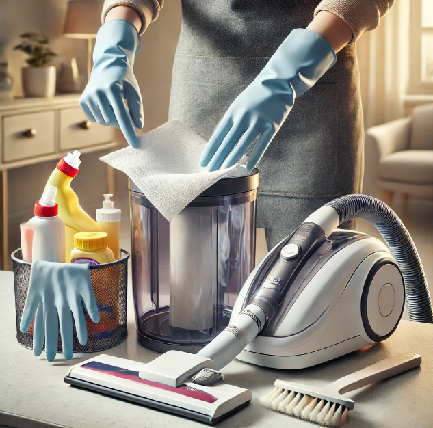 장갑 낀 손으로 청소기 먼지통을 비우고 소독하는 모습