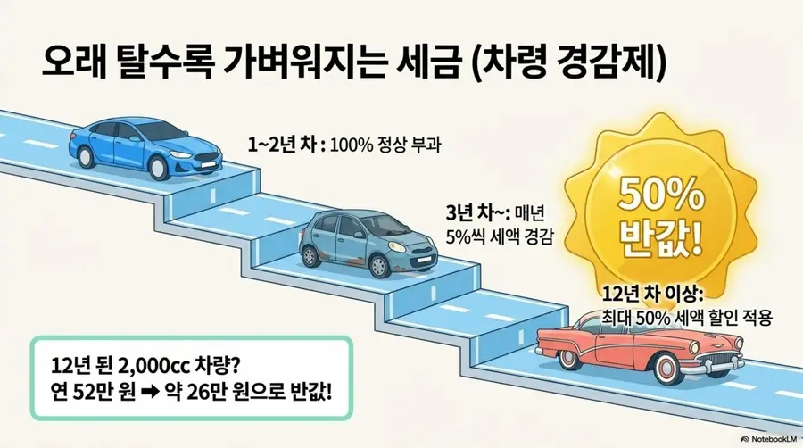자동차세 납부방법: 자동차세 차령 경감 제도를 설명하는 인포그래픽. 최초 등록 후 1~2년 차는 100% 정상 부과되고 3년 차부터 매년 5%씩 세액이 경감되어 12년 차 이상이면 최대 50% 할인이 적용된다는 내용을 계단식 도로 위 차량 일러스트로 시각화한 이미지. 12년 된 2000cc 차량이 연 52만 원에서 약 26만 원으로 반값이 되는 예시도 포함됨