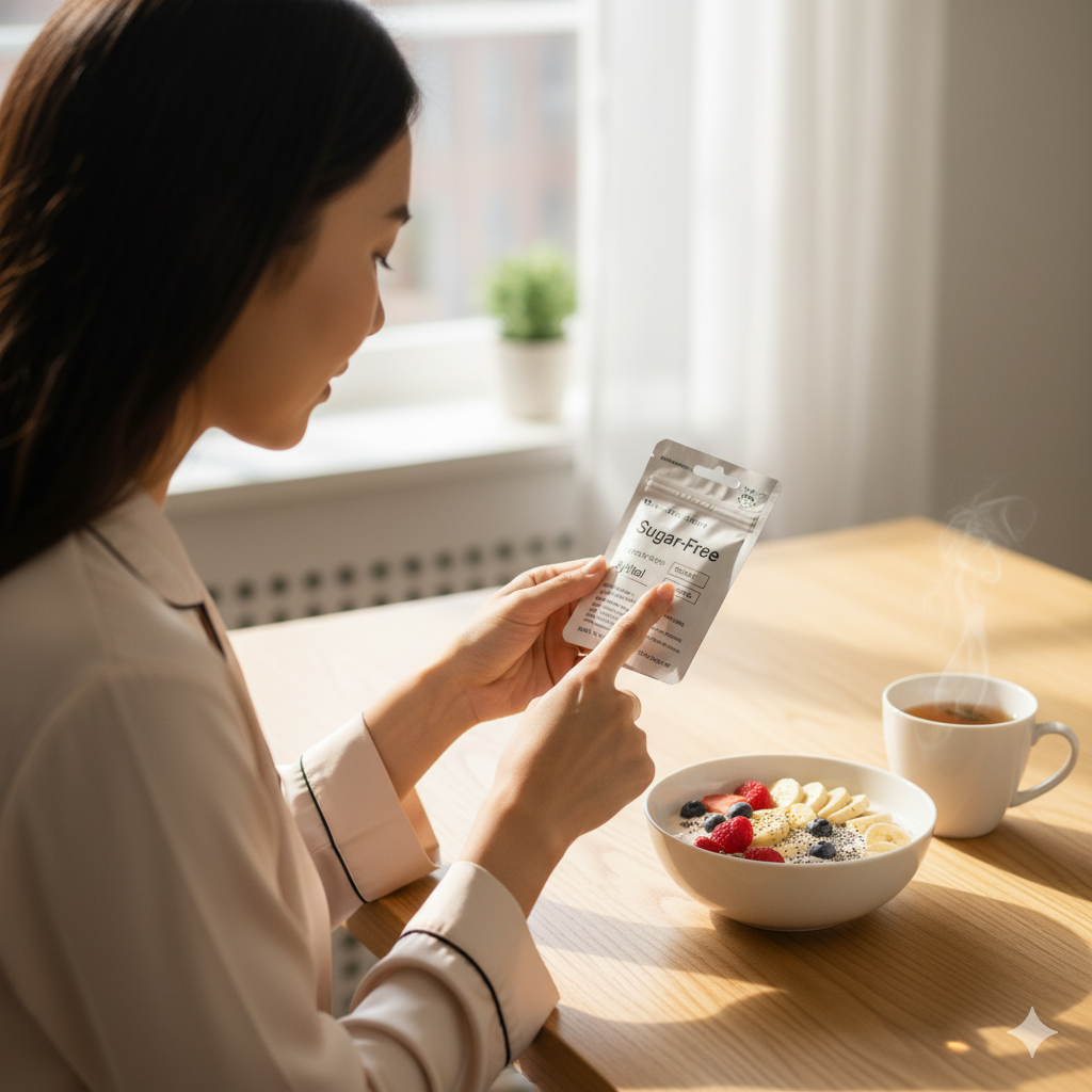 주방 식탁에서 구강 유산균 제품 성분표의 '무설탕' 또는 '자일리톨' 표시를 확인하는 여성 모델.