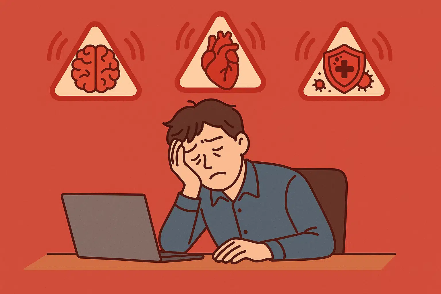 피곤해 보이는 사람이 책상에 앉아 있고, 뇌·심장·면역 아이콘이 경고 신호처럼 붉게 표시된 모습