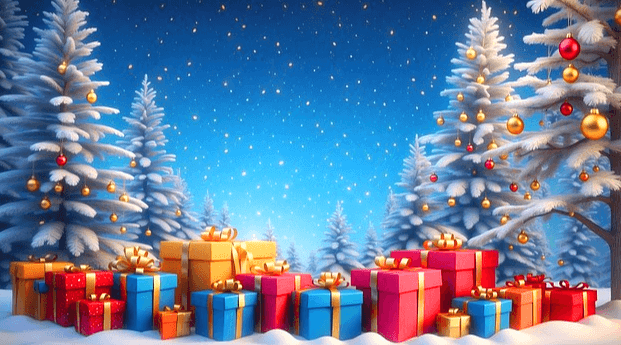 겨울에 눈이 내리는데 숲속에 하얀 눈이 쌓인 전나무들이 양쪽에 있다. 크리스마스 트리 방울들이 전나무에 달렸고, 눈밭에는 수십개의 선물상자들이 가득하다.