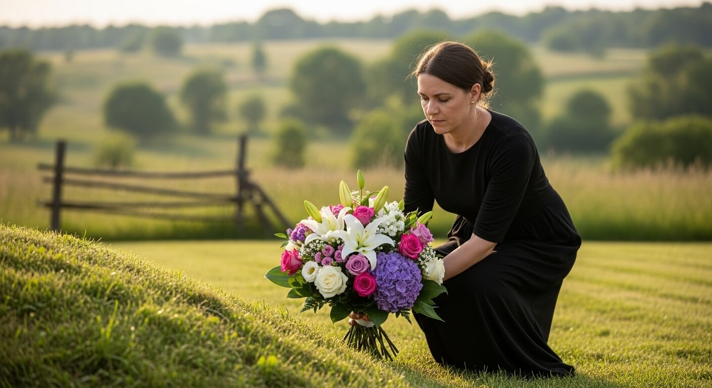 여성이 무덤 앞에 꽃다발을 놓으며 성묘하는 모습