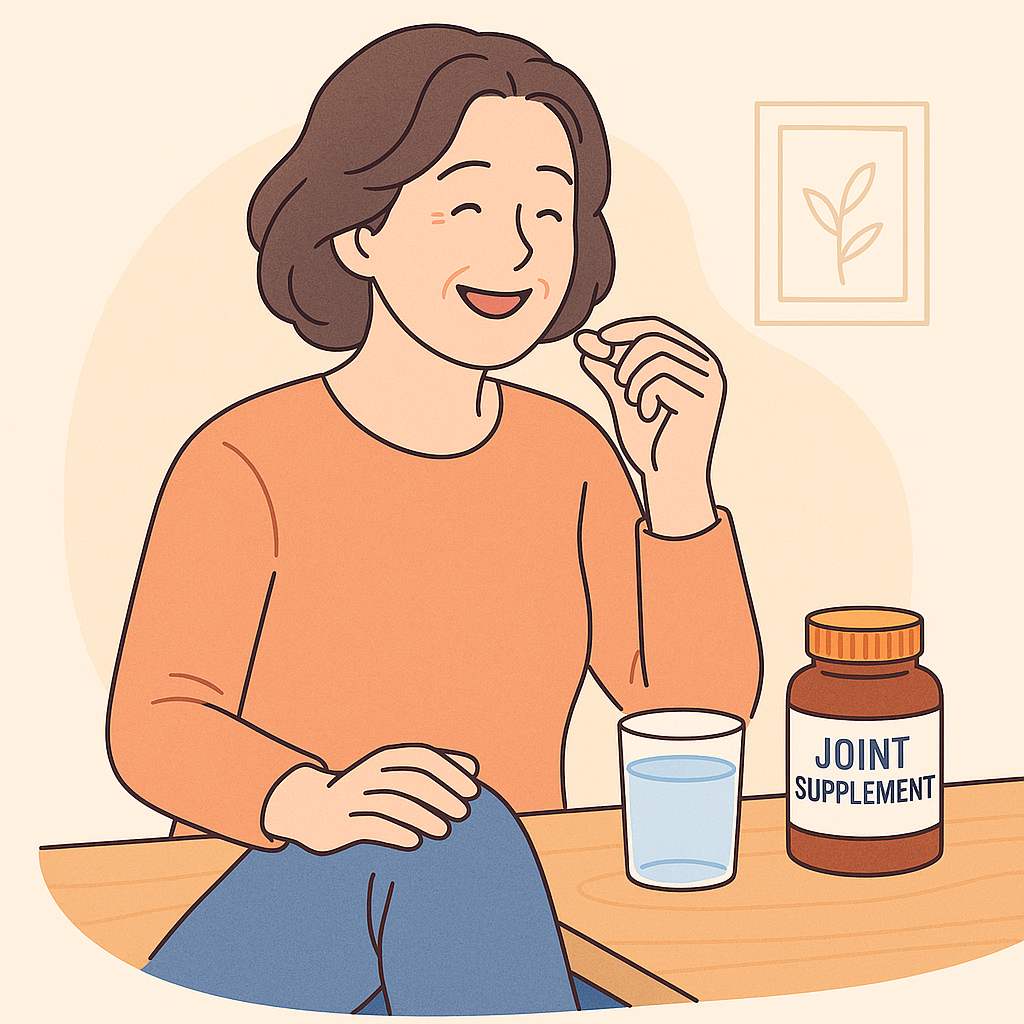 중년 여성이 관절 영양제를 복용하며 미소 짓는 장면