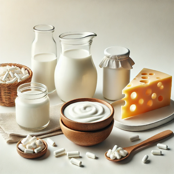 우유, 요거트, 치즈, 칼슘 보충제가 깔끔하게 정리된 스튜디오컷