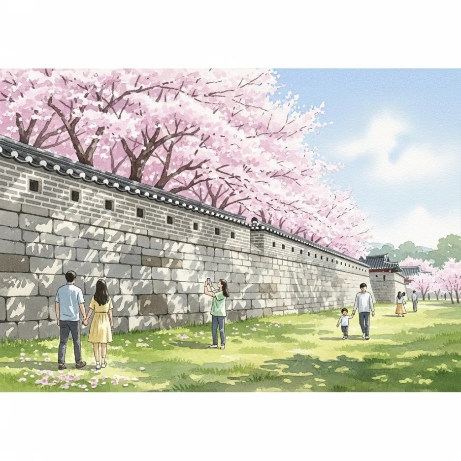 벚꽃이 만개한 경주 대릉원 돌담길을 걷는 사람들