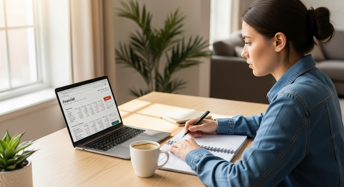 노트북으로 주식 관련 용어를 공부하는 초보 투자자의 모습