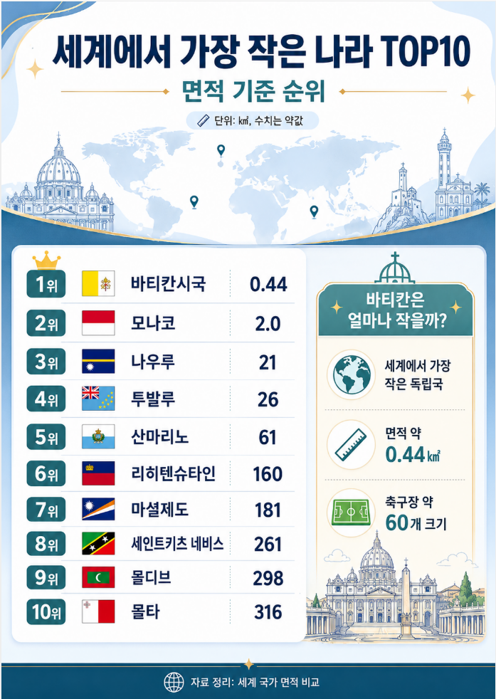 세계에서 가장 작은 나라 TOP10, 바티칸은 얼마나 작을까