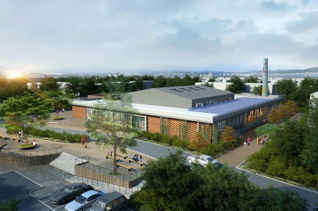 경기도에 위치한 업사이클링 플라자의 조감도 전경으로, 친환경 건축과 야외 휴식 공간이 함께 어우러진 자원순환 복합 문화시설
