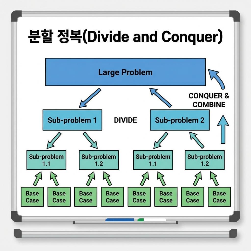대형 화이트보드에 '분할 정복(Divide and Conquer)'이라는 제목과 함께 커다란 문제(Large Problem)를 하위 문제(Sub-problem)들로 쪼개고, 최종적으로 기저 사례(Base Case)에 도달한 뒤 다시 정복 및 결합(Conquer &amp; Combine)하여 해결책을 찾아가는 트리 구조의 알고리즘 설계도를 시각화한 이미지.