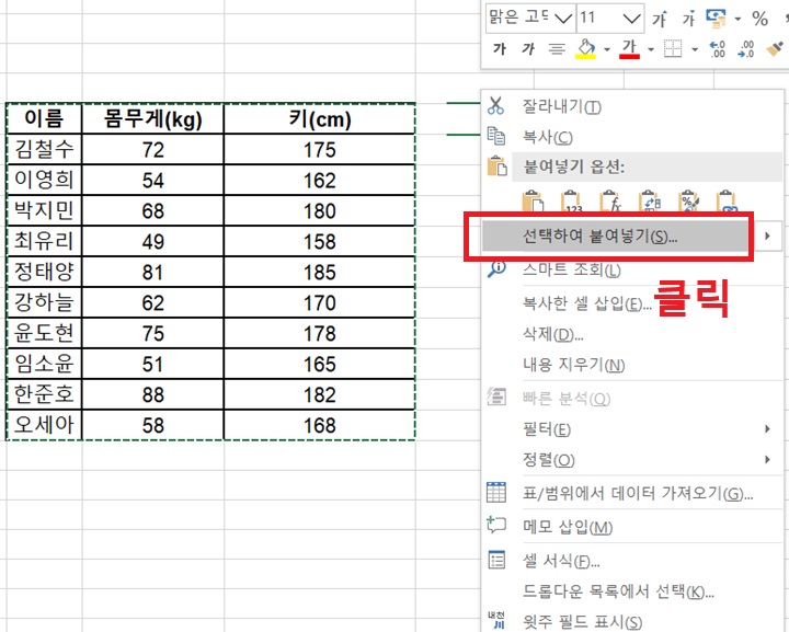 메뉴창에 선택하여 붙여넣기 보임