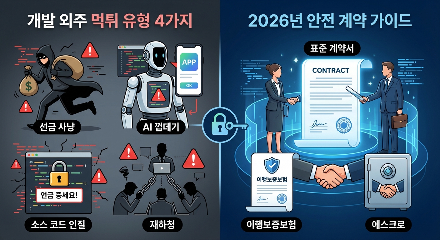 왼쪽에는 선금 사냥, AI 껍데기 개발, 소스 코드 인질극, 재하청 등 네 가지 개발 외주 먹튀 유형을 어둡고 위험한 이미지로, 오른쪽에는 표준 계약서, 이행보증보험, 에스크로 등 안전한 계약 가이드를 밝고 신뢰감 있는 이미지로 대비시켜 보여주는 인포그래픽 썸네일.