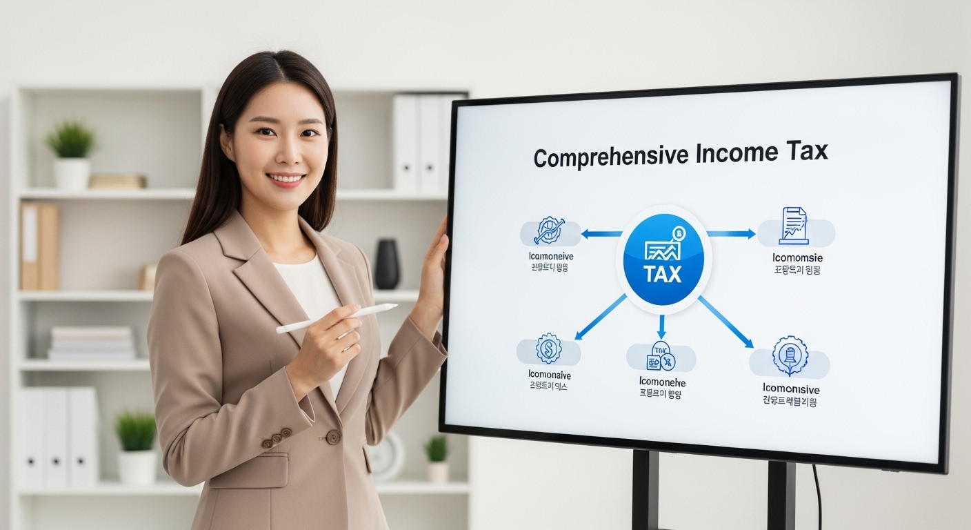 웃으며 종합소득세 인포그래픽을 설명하는 한국인 여성 세무 전문가.