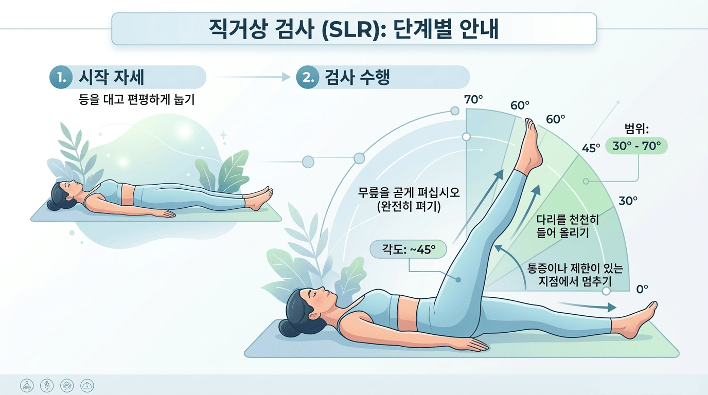 하지직거상 테스트 자세를 단계별로 보여주는 일러스트