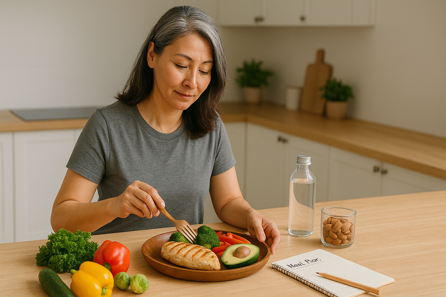 그릴드 치킨과 신선한 채소를 담는 중년 여성의 사진