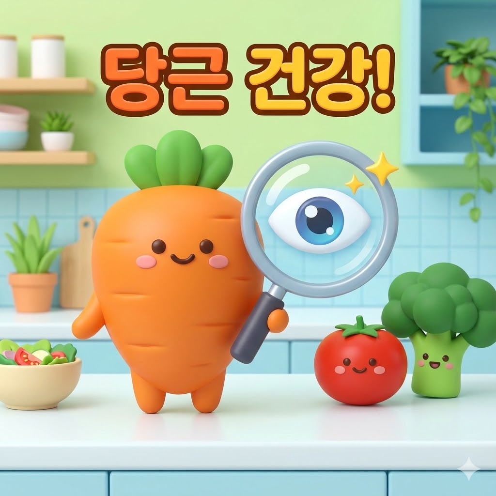주황색 당근 캐릭터가 돋보기를 들고 눈 아이콘을 보며 건강을 지키는 3D 카툰 일러스트.